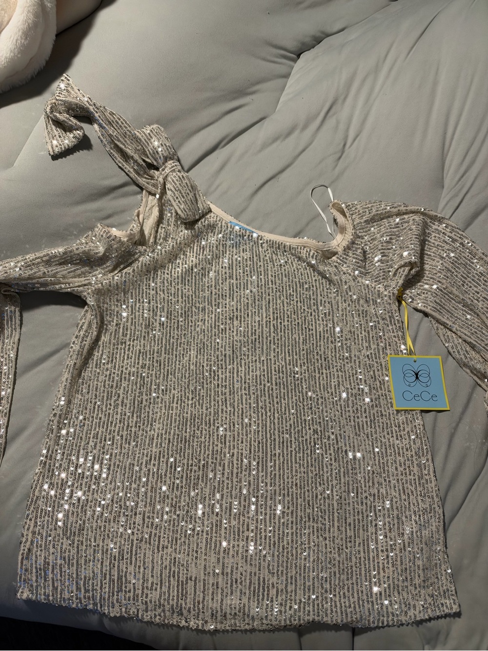 CeCe Silver Sequin One-Shoulder Tie Top